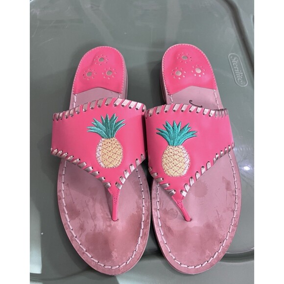 Jack Rogers Pink Pineapple Motif Sandals Size 9 Preppy Classic Leather - Picture 1 of 5